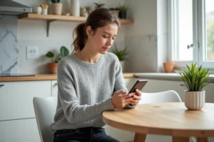 Femme utilisant son smartphone pour accéder à son espace habillement en ligne depuis sa cuisine moderne