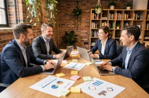 Groupe de professionnels collaborant autour d'un plan entrepreneurial dans un espace de coworking moderne