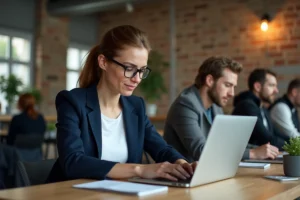 Femme professionnelle consultant l'actualité numérique sur un ordinateur portable dans un espace de coworking parisien moderne