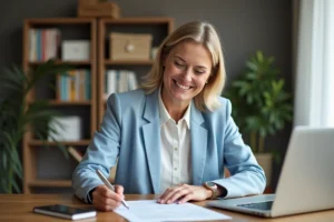 Femme souriante consultant les documents d'adhésion à l'assurance Club 14 à son bureau à domicile