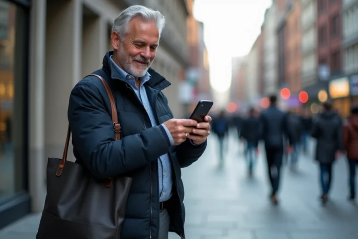Homme souriant complétant une demande d'adhésion à l'assurance Club 14 sur son smartphone en ville