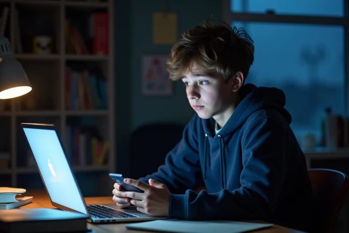 Adolescent confus devant son ordinateur et son téléphone la nuit, cherchant pourquoi son score Snapchat augmente