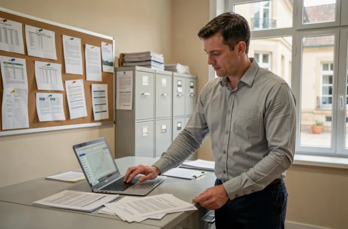 Agent administratif de l'Éducation nationale consultant des ressources numériques sur un ordinateur portable dans un bureau académique