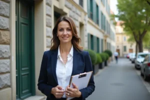 Agent immobilier Immo Proxima devant un immeuble résidentiel dans une rue urbaine française