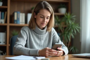Femme utilisant une application bancaire Société Générale sur smartphone pour ajouter un bénéficiaire depuis son bureau à domicile
