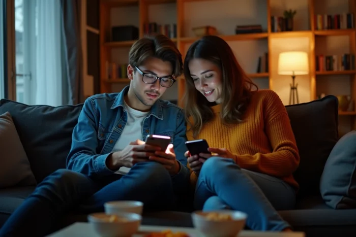 Deux amis sur un canapé la nuit comparant leurs scores Snapchat sur leurs téléphones