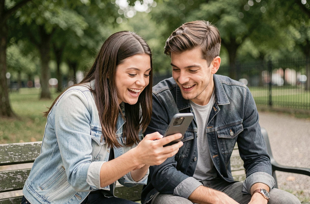 Deux amis regardant ensemble un profil Instagram sur smartphone dans un parc pour envoyer une demande d'ami