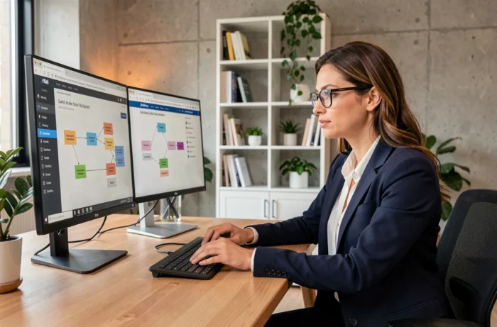 Professionnelle analysant la structure d'un sitemap XML sur deux écrans d'ordinateur dans un bureau moderne