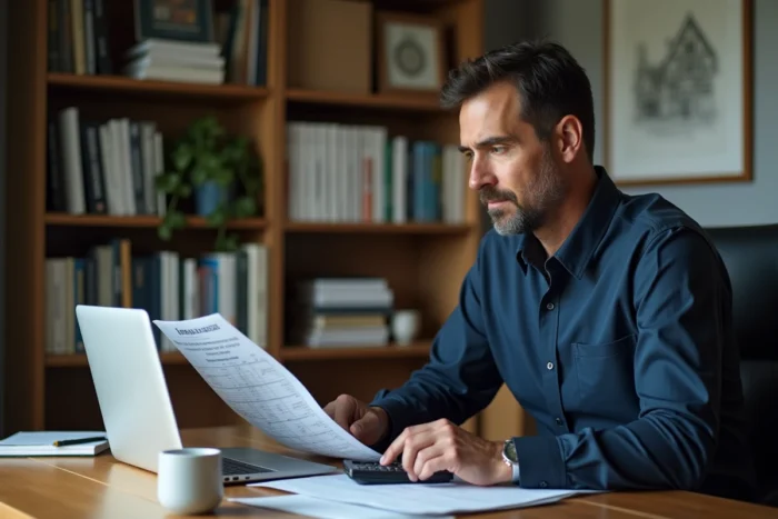 Homme analysant seul les taux d'intérêt d'un crédit immobilier sur 25 ans dans un bureau à domicile