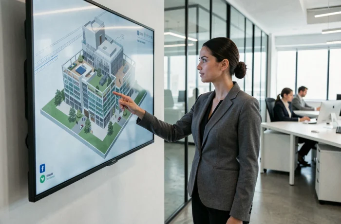 Vrouwelijke architect die interactie heeft met een 3D-model van een gebouw op een muur aanraakscherm in een modern kantoor