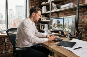Architecte travaillant sur un logiciel de modélisation 3D avec deux écrans et tablette graphique dans un studio professionnel