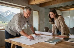 Architecte et cliente étudiant les plans de construction d'une maison en Suisse dans un bureau moderne