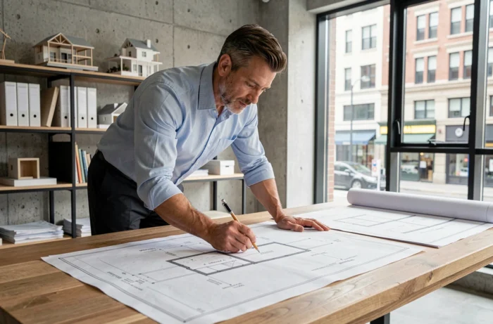 Architecte masculin en studio étudiant des plans de maison sur une grande table en bois, dans un bureau moderne aux murs en béton apparent