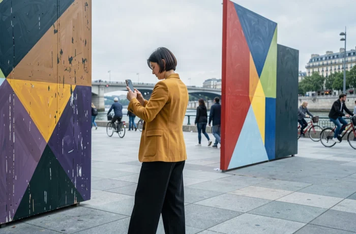 Jeune femme photographiant une installation d'art contemporain en plein air au bord du Rhône à Lyon