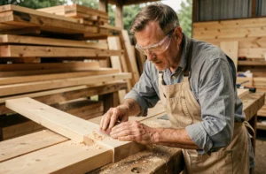 Artisan menuisier façonnant une planche en bois sur mesure dans un atelier extérieur, copeaux de bois visibles sur l'établi