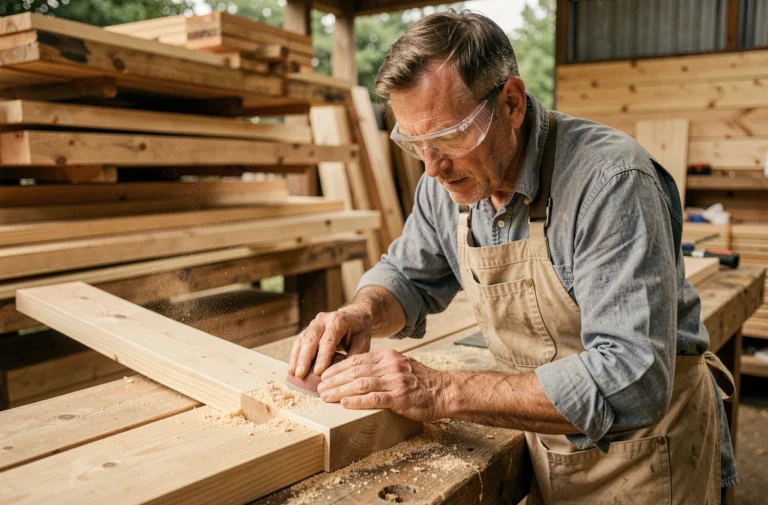 Artisan menuisier façonnant une planche en bois sur mesure dans un atelier extérieur, copeaux de bois visibles sur l'établi