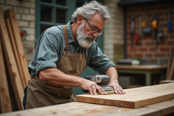 Artisan ponçant une planche en bois de chêne massif pour une terrasse extérieure, atelier en plein air