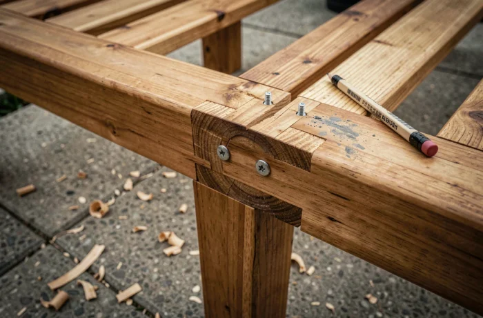 Gros plan sur l'assemblage tenon-mortaise d'un banc de jardin en teck, visserie inox et détails de menuiserie extérieure sur mesure