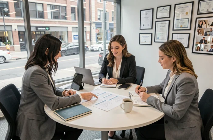 Groupe d'étudiantes en formation wedding planner lors d'un atelier professionnel avec supports de cours et certificats