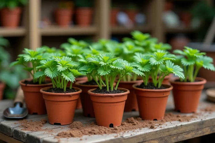 Boutures de tanaisie fraîchement plantées dans des pots en terre cuite sur un établi de rempotage en bois rustique dans un abri de jardin