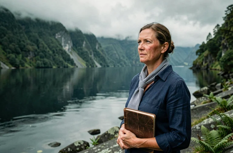 Une expatriée bretonne contemplant un fjord emblématique de Nouvelle-Zélande, journal à la main, entre nature sauvage et nostalgie