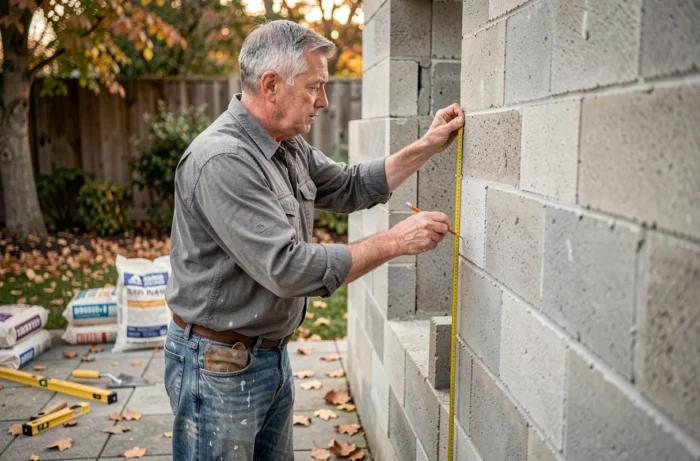 Homme bricoleur mesurant une paroi en blocs béton lors de la construction d'un local poubelle DIY dans un jardin, avec outils et matériaux de construction au sol