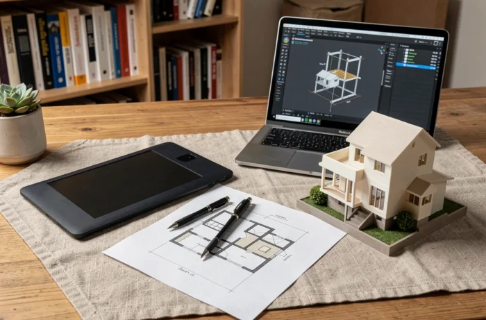 Close-up van een architectenbureau met een grafische tablet, een 3D-geprint model en ontwerpsoftware open op een laptop