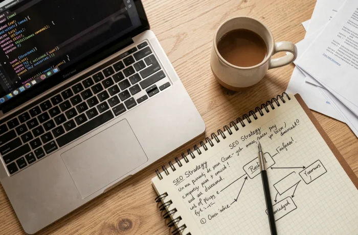 Vue de dessus d'un bureau avec un laptop affichant un sitemap XML, des notes SEO manuscrites et un schéma de hiérarchie de site web