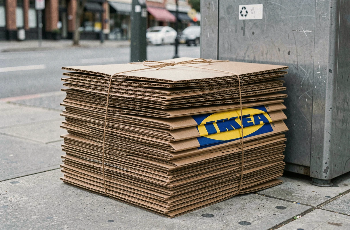 Pile de cartons Ikea aplatis et ficelés déposés près d'un bac de recyclage sur le trottoir