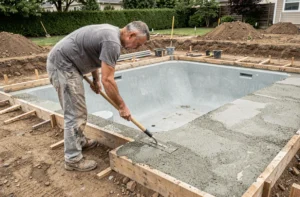 Ouvrier du bâtiment appliquant le béton pour réaliser une ceinture autour d'une piscine coque en chantier