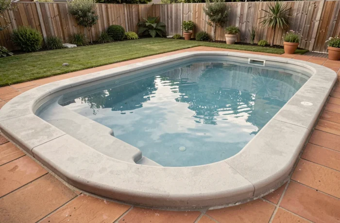 Ceinture béton terminée autour d'une piscine coque avec terrasse et jardin résidentiel