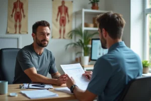 Coureur trail remettant son formulaire de certificat médical à un médecin généraliste avant la Diagonale des Fous