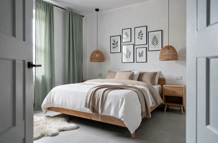 Chambre scandinave épurée avec literie en coton bio, lampes en rotin et mur de cadres botaniques sur sol béton