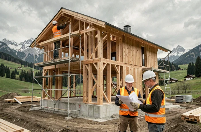 Chantier de construction d'une maison individuelle en ossature bois dans la campagne suisse avec ouvriers