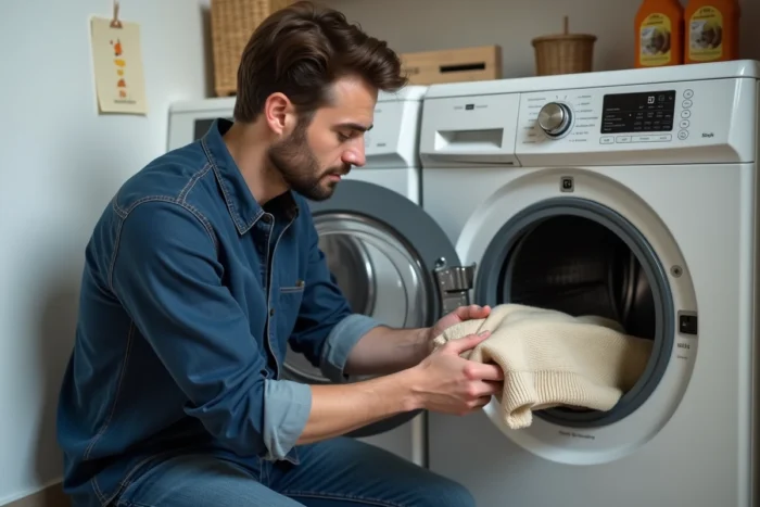 Homme chargeant un pull délicat dans un lave-linge en vérifiant les symboles d'essorage sur l'étiquette