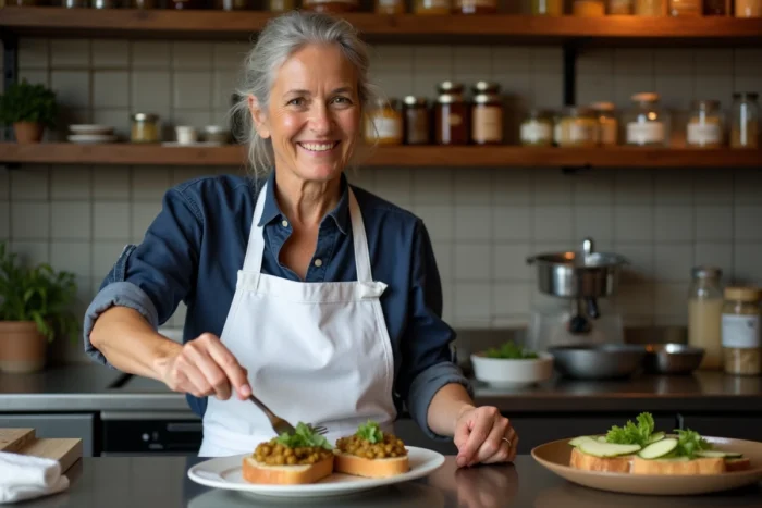 Cheffe cuisinière dressant une bruschetta provençale dans la cuisine du restaurant Chez Sylvie à Marseille