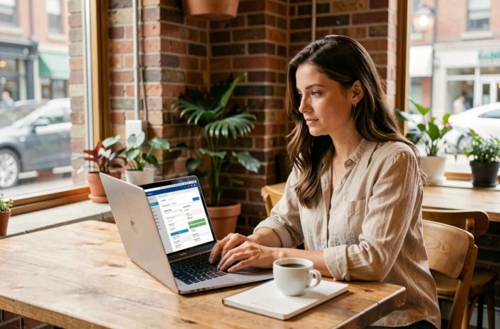 Cheffe d'entreprise organisant ses rendez-vous hebdomadaires sur un tableau de bord de planification professionnelle dans un espace de coworking