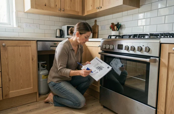 Femme consultant une notice d'installation pour choisir le bon gicleur gaz adapté à sa cuisinière dans une cuisine moderne équipée d'une bouteille de gaz