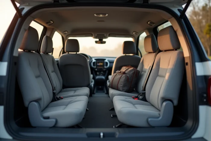 Intérieur du Citroën Campster 7 places avec les trois rangées de sièges déployées et tableau de bord moderne visible en arrière-plan
