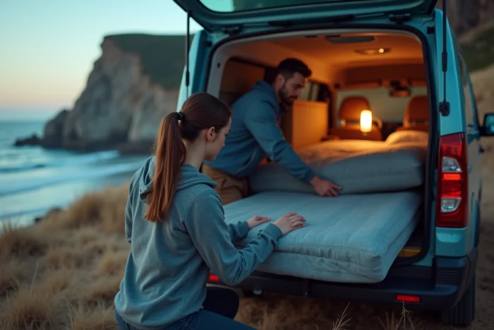 Couple aménageant l'espace de couchage du Citroën Campster transformé en van sur un camping côtier en bord de falaise