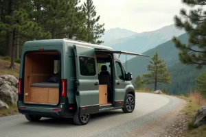 Citroën Campster en configuration van aménagé garé sur un chemin de montagne avec porte coulissante ouverte révélant l'intérieur modulable