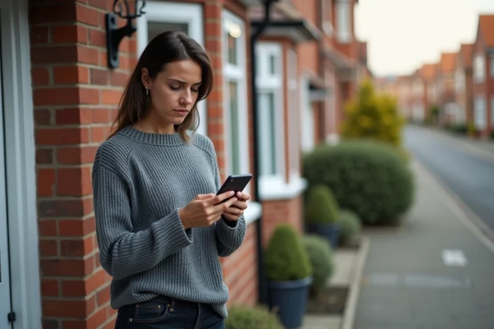 Cliente consultant son téléphone devant sa porte en attendant un colis DHL retardé par la grève
