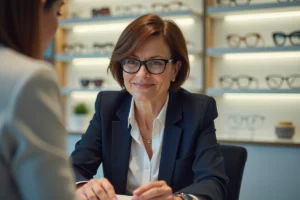 Femme examinant des lunettes de vue dans une boutique d'optique agréée Itelis en 2024
