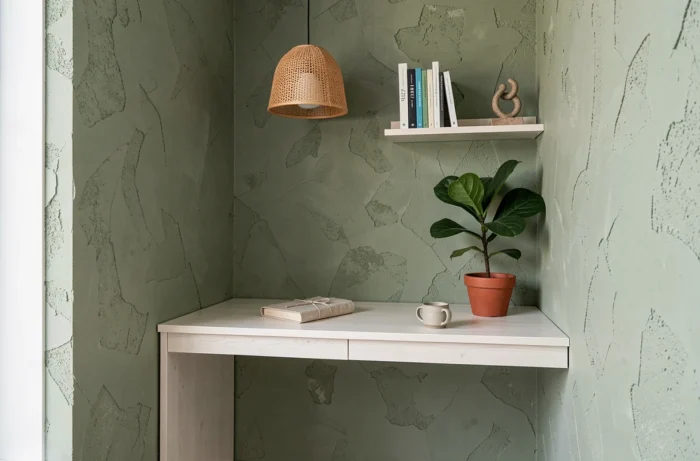 Coin bureau scandinave minimaliste avec mur en plâtre vert sauge, plante tropicale et accessoires en céramique pour un intérieur cocon moderne