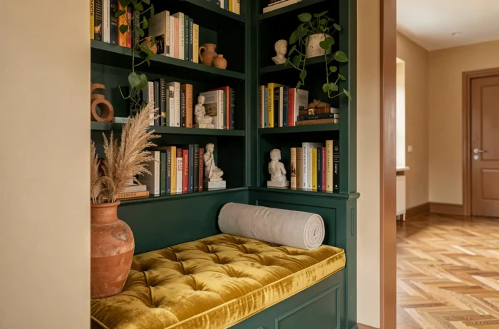 Coin lecture cosy avec bibliothèque encastrée verte, banquette velours moutarde et plantes dans alcôve en bois