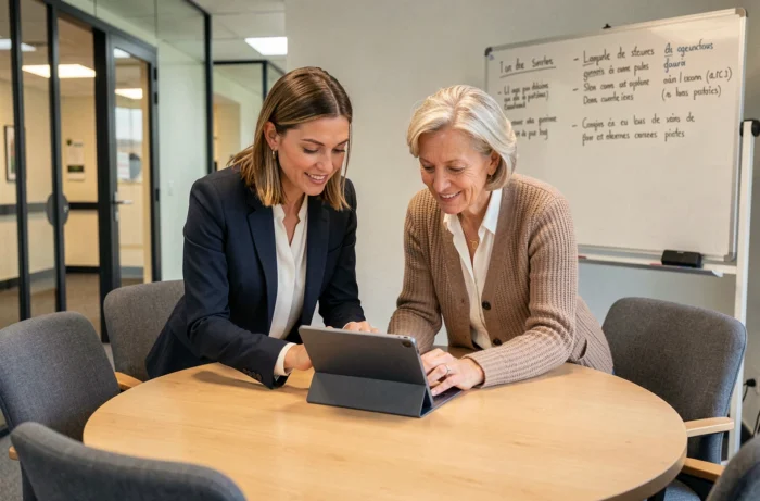Deux personnelles administratives de l'académie de Grenoble collaborant autour d'un outil numérique institutionnel en salle de réunion