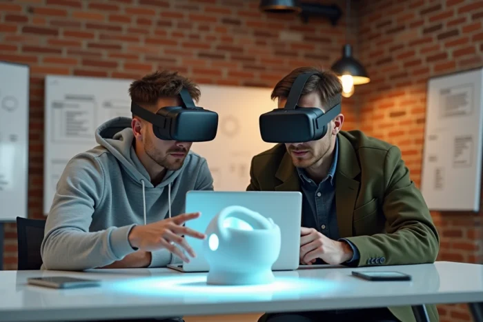 Deux jeunes professionnels collaborant autour d'un casque de réalité mixte et d'un prototype web 3D dans un espace startup