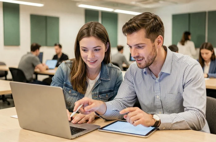 Twee collega's die samenwerken aan bureau-tools rond een laptop in een coworking-ruimte