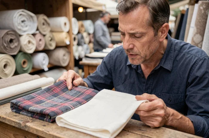 Man die een monster van flanel en een katoenen stof naast elkaar vergelijkt op een houten marktkraam