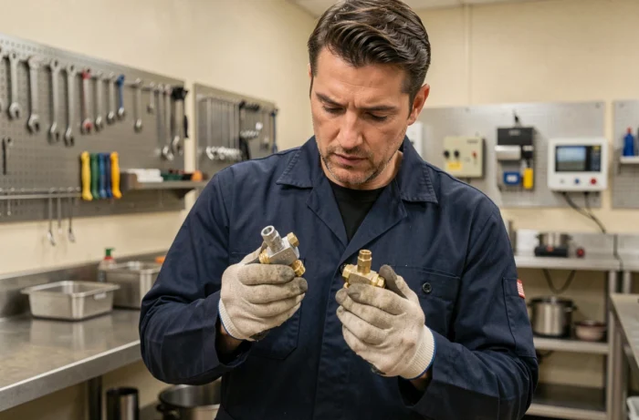 Technicien comparant deux gicleurs de gaz différents, l'un pour gaz de ville et l'autre pour bouteille, dans un atelier de cuisine professionnel